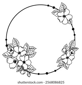 Decorative round frame with delicate flowers and leaves. Borders decorated with hand drawn delicate flowers, branches, leaves, flower. Vector frame with flowers of jasmine, apple. Vector illustration