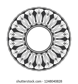 Decorative round frame for design with abstract floral ornament. Circle frame. A template for printing postcards, invitations, books, for textiles, engraving, wooden furniture, forging. Vector.