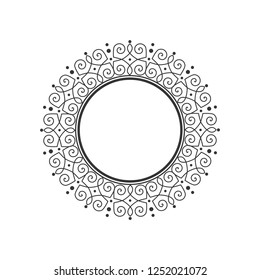 Decorative round frame for design with abstract floral ornament. Circle frame. A template for printing postcards, invitations, books, for textiles, engraving, wooden furniture, forging. Vector.