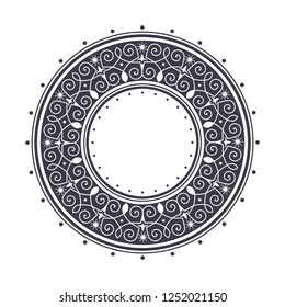 Decorative round frame for design with abstract floral ornament. Circle frame. A template for printing postcards, invitations, books, for textiles, engraving, wooden furniture, forging. Vector.