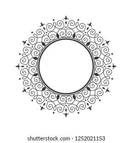Decorative round frame for design with abstract floral ornament. Circle frame. A template for printing postcards, invitations, books, for textiles, engraving, wooden furniture, forging. Vector.