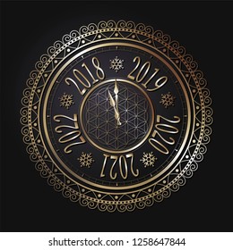 Decorative round frame for design with abstract floral ornament. Christmas hours.Circle frame. Template for printing cards, invitations, books, textiles, engraving, wooden furniture, forging. Vector.