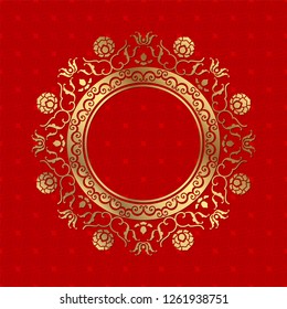 Decorative round frame for design with abstract floral ornament. Luxury gold element on red seamless background. Template for printing, textiles, engraving, etc. Vector