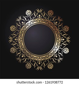 Decorative round frame for design with abstract floral ornament. Luxury gold element on black background. Template for printing, textiles, engraving, etc.. The background element for the site. Vector