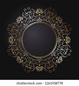 Decorative round frame for design with abstract floral ornament. Luxury gold element on black background. Template for printing, textiles, engraving, etc.. The background element for the site. Vector