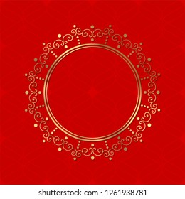 Decorative round frame for design with abstract floral ornament. Luxury gold element on red seamless background. Template for printing, textiles, engraving, etc. Vector