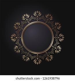 Decorative round frame for design with abstract floral ornament. Luxury gold element on black background. Template for printing, textiles, engraving, etc.. The background element for the site. Vector