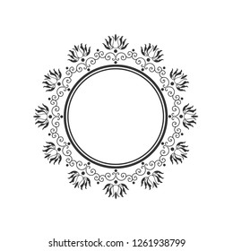 Decorative round frame for design with abstract floral pattern. Black-white circle frame. Template for printing cards, invitations, books, for textiles, engraving, wooden furniture, forging. Vector.