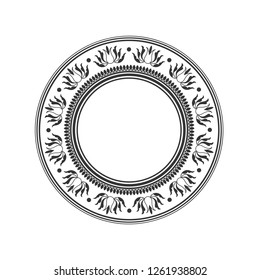 Decorative round frame for design with abstract floral pattern. Black-white circle frame. Template for printing cards, invitations, books, for textiles, engraving, wooden furniture, forging. Vector.