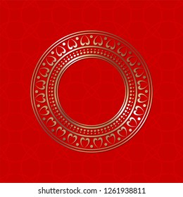 Decorative round frame for design with abstract floral ornament. Luxury gold element on red seamless background. Template for printing, textiles, engraving, etc. Vector