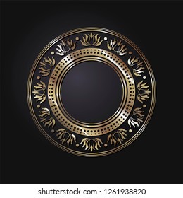 Decorative round frame for design with abstract floral ornament. Luxury gold element on black background. Template for printing, textiles, engraving, etc.. The background element for the site. Vector
