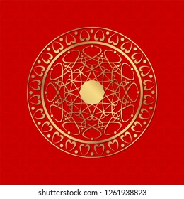 Decorative round frame for design with abstract floral ornament. Luxury gold element on red seamless background. Template for printing, textiles, engraving, etc. Vector