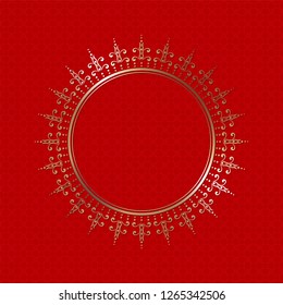 Decorative round frame for design with abstract floral ornament. Luxury gold element on red seamless background. Template for printing, textiles, engraving, etc. Vector