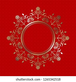 Decorative round frame for design with abstract floral ornament. Luxury gold element on red seamless background. Template for printing, textiles, engraving, etc. Vector