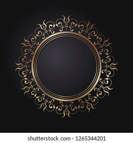 Decorative round frame for design with abstract floral ornament. Luxury gold element on black background. Template for printing, textiles, engraving, etc.. The background element for the site. Vector