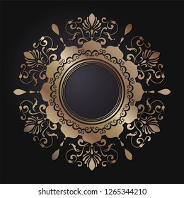 Decorative round frame for design with abstract floral ornament. Luxury gold element on black background. Template for printing, textiles, engraving, etc.. The background element for the site. Vector
