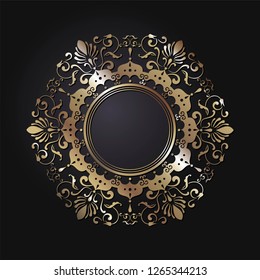 Decorative round frame for design with abstract floral ornament. Luxury gold element on black background. Template for printing, textiles, engraving, etc.. The background element for the site. Vector