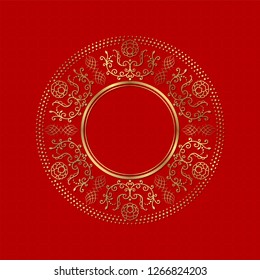 Decorative round frame for design with abstract floral ornament. Luxury gold element on red seamless background. Template for printing, textiles, engraving, etc. Vector