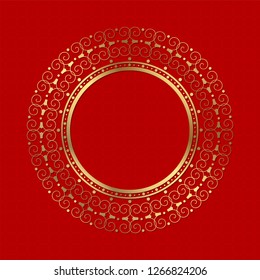 Decorative round frame for design with abstract floral ornament. Luxury gold element on red seamless background. Template for printing, textiles, engraving, etc. Vector