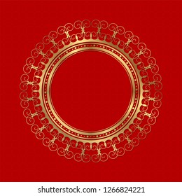 Decorative round frame for design with abstract floral ornament. Luxury gold element on red seamless background. Template for printing, textiles, engraving, etc. Vector