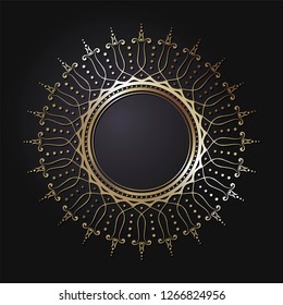 Decorative round frame for design with abstract floral ornament. Luxury gold element on black background. Template for printing, textiles, engraving, etc.. The background element for the site. Vector