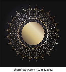 Decorative round frame for design with abstract floral ornament. Luxury gold element on black background. Template for printing, textiles, engraving, etc.. The background element for the site. Vector