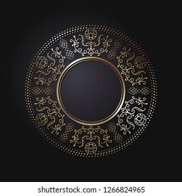 Decorative round frame for design with abstract floral ornament. Luxury gold element on black background. Template for printing, textiles, engraving, etc.. The background element for the site. Vector