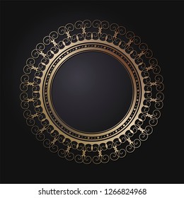 Decorative round frame for design with abstract floral ornament. Luxury gold element on black background. Template for printing, textiles, engraving, etc.. The background element for the site. Vector