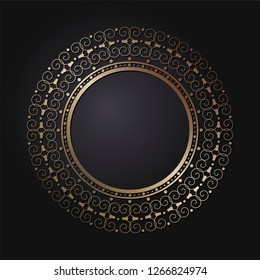 Decorative round frame for design with abstract floral ornament. Luxury gold element on black background. Template for printing, textiles, engraving, etc.. The background element for the site. Vector