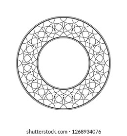 Decorative round frame for design with abstract floral pattern. Circle frame. Template for printing cards, invitations, books, for textiles, engraving, wooden furniture, forging. Vector.
