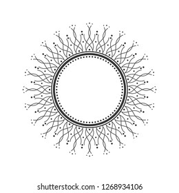 Decorative round frame for design with abstract floral pattern. Circle frame. Template for printing cards, invitations, books, for textiles, engraving, wooden furniture, forging. Vector.
