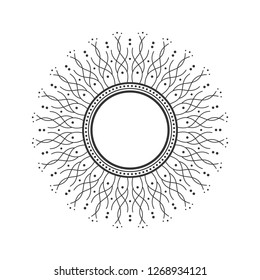 Decorative round frame for design with abstract floral pattern. Circle frame. Template for printing cards, invitations, books, for textiles, engraving, wooden furniture, forging. Vector.

