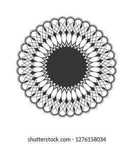 Decorative round frame for design with abstract floral pattern. Circle frame. Template for printing cards, invitations, books, for textiles, engraving, wooden furniture, forging. Vector.