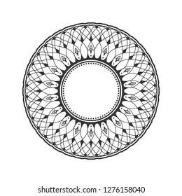 Decorative round frame for design with abstract floral pattern. Circle frame. Template for printing cards, invitations, books, for textiles, engraving, wooden furniture, forging. Vector.
