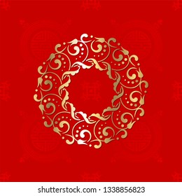 Decorative round frame for design with abstract floral ornament. Luxury gold element on red seamless background. Template for printing, textiles, engraving, etc. Vector
