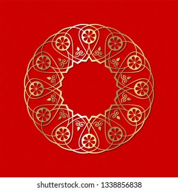 Decorative round frame for design with abstract floral ornament. Luxury gold element on red seamless background. Template for printing, textiles, engraving, etc. Vector