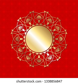 Decorative round frame for design with abstract floral ornament. Luxury gold element on red seamless background. Template for printing, textiles, engraving, etc. Vector