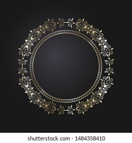 Decorative  round frame for design with a abstract gold floral ornament. Circle frame. Elegant element for printing of cards, invitations, books, for textiles, engraving, forging. Vector.