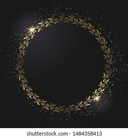 Decorative  round frame for design with a abstract gold floral ornament. Circle frame. Elegant element for printing of cards, invitations, books, for textiles, engraving, forging. Vector.