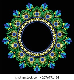 Decorative round frame for design with a abstract mandala dot background Aboriginal folk art Bohemian Style Green Colour