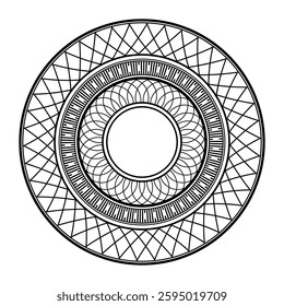 Decorative round frame for design with a abstract geometrical ornament. Circular pattern. Circle frame. For textile, embroidery, porcelain, sandblast, laser cutting, engraving, ceramics, forging. 