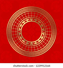 Decorative round frame for design with  chinese ornament. Circle frame. Template for printing cards, invitations, books, for textiles, engraving, wooden furniture, forging. Vector.