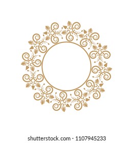 Decorative round frame for design with floral ornament. Elegant element in vintage style. Template for printing postcards or invitations, for textiles, engraving, wooden furniture, forging. Vector.