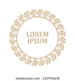 Decorative round frame for design with floral ornament. Elegant element in vintage style. Template for printing postcards or invitations, for textiles, engraving, wooden furniture, forging. Vector.