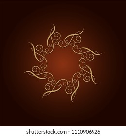 Decorative round frame for design with floral ornament. Elegant element in vintage style of golden color on a dark background. Can be used as a template for printing postcards or invitations, for text