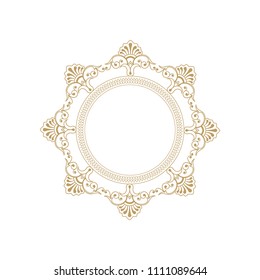 Decorative round frame for design with floral ornament. Elegant element in vintage style. Template for printing postcards or invitations, for textiles, engraving, wooden furniture, forging. Vector.