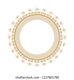 Decorative round frame for design with floral ornament. A template for printing postcards, invitations, books, for textiles, engraving, wooden furniture, forging. Vector.