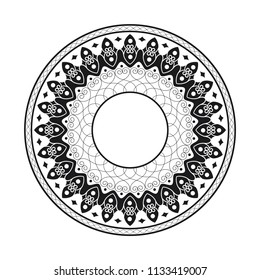 Decorative round frame for design with floral ornament. A template for printing postcards, invitations, books, for textiles, engraving, wooden furniture, forging. Vector.