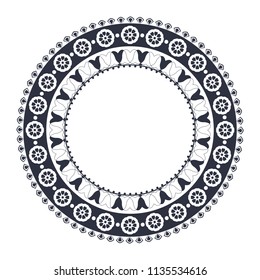 Decorative round frame for design with floral ornament. A template for printing postcards, invitations, books, for textiles, engraving, wooden furniture, forging. Vector.