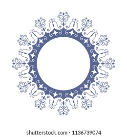 Decorative round frame for design with floral ornament. A template for printing postcards, invitations, books, for textiles, engraving, wooden furniture, forging. Vector.